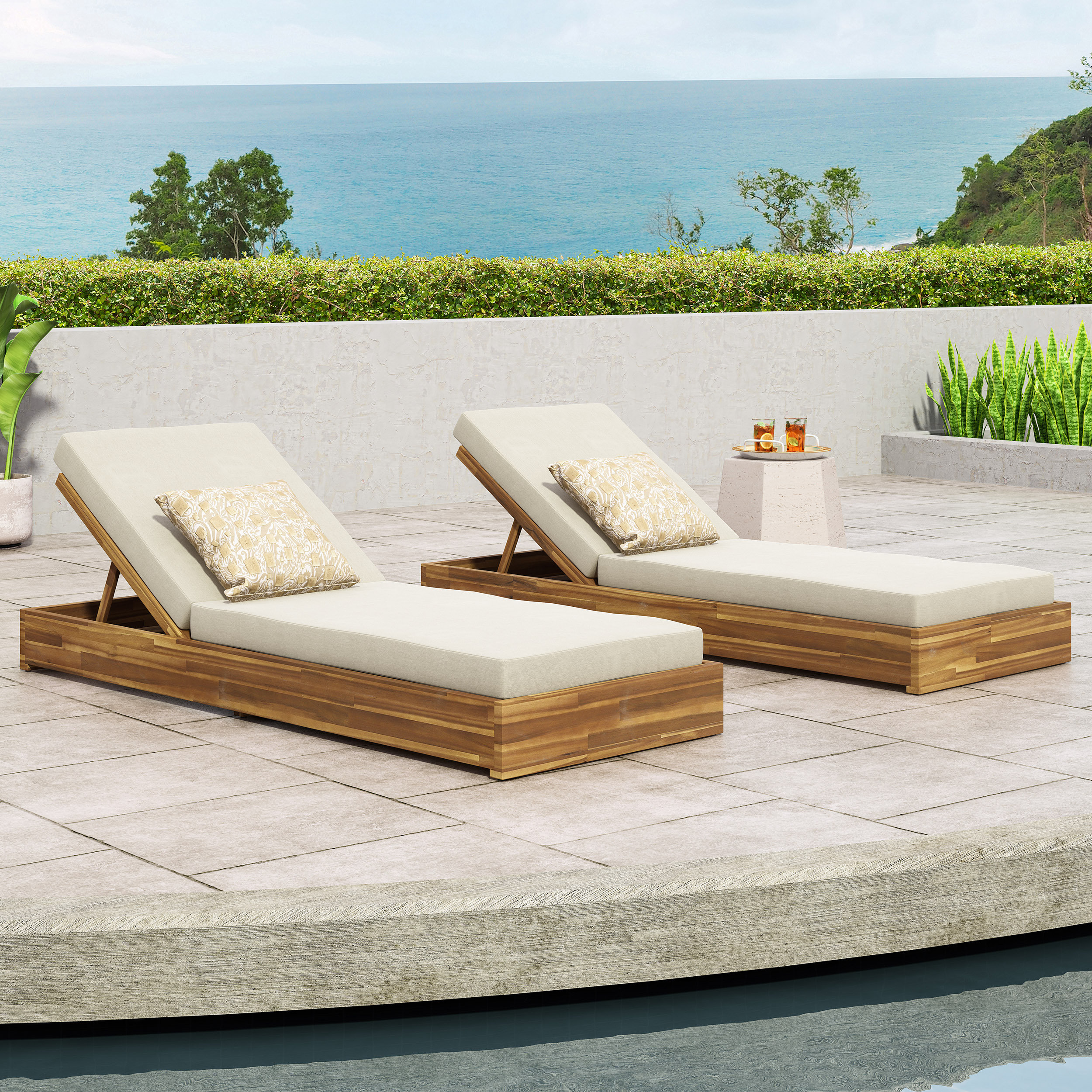 Rosecliff Heights Leite 79 Long Reclining Acacia Chaise Lounge Set with Cushions Reviews Wayfair